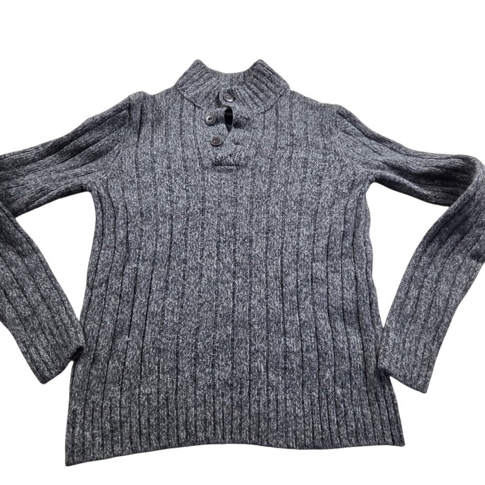 Eddie Bauer Sweater Mens Large Tall Gray Henley Ribbed Wool Blend Preppy